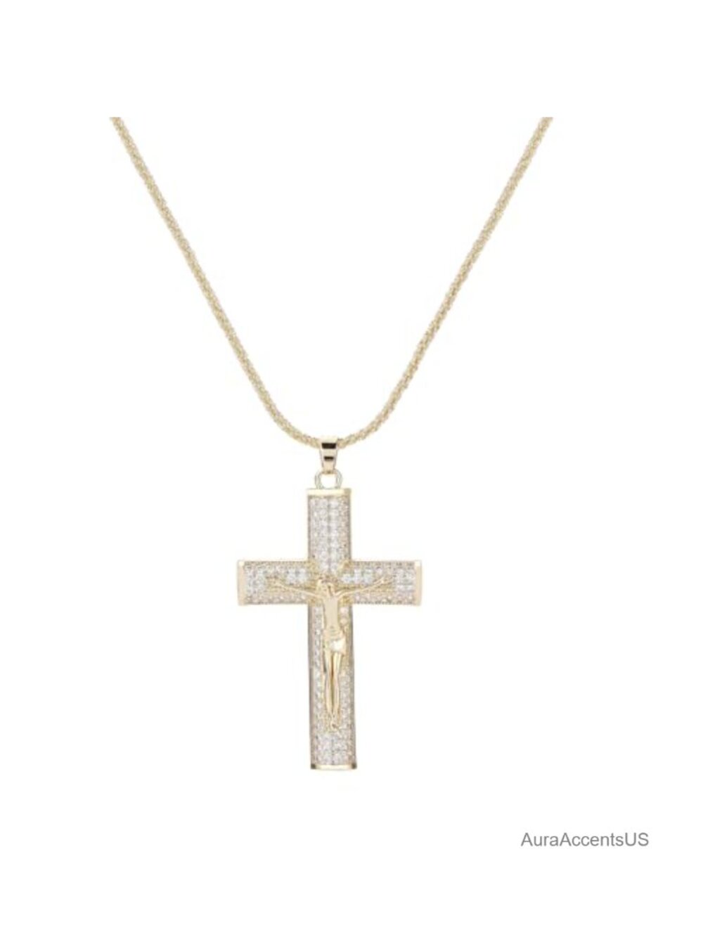 14K Gold Plated CZ Cross Pendant Necklace 16-18" for Women